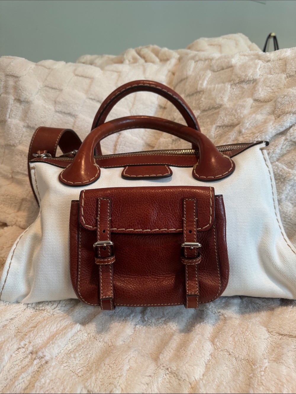Chloe Edith White Canvas and Brown Leather Satchel with Strap